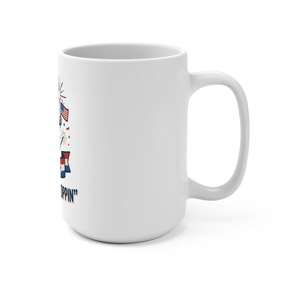 15oz Mug — "Sizzlin' & Poppin'" Patriotic Hot Dog Coffee Cup (4th of July, BBQ Gift)